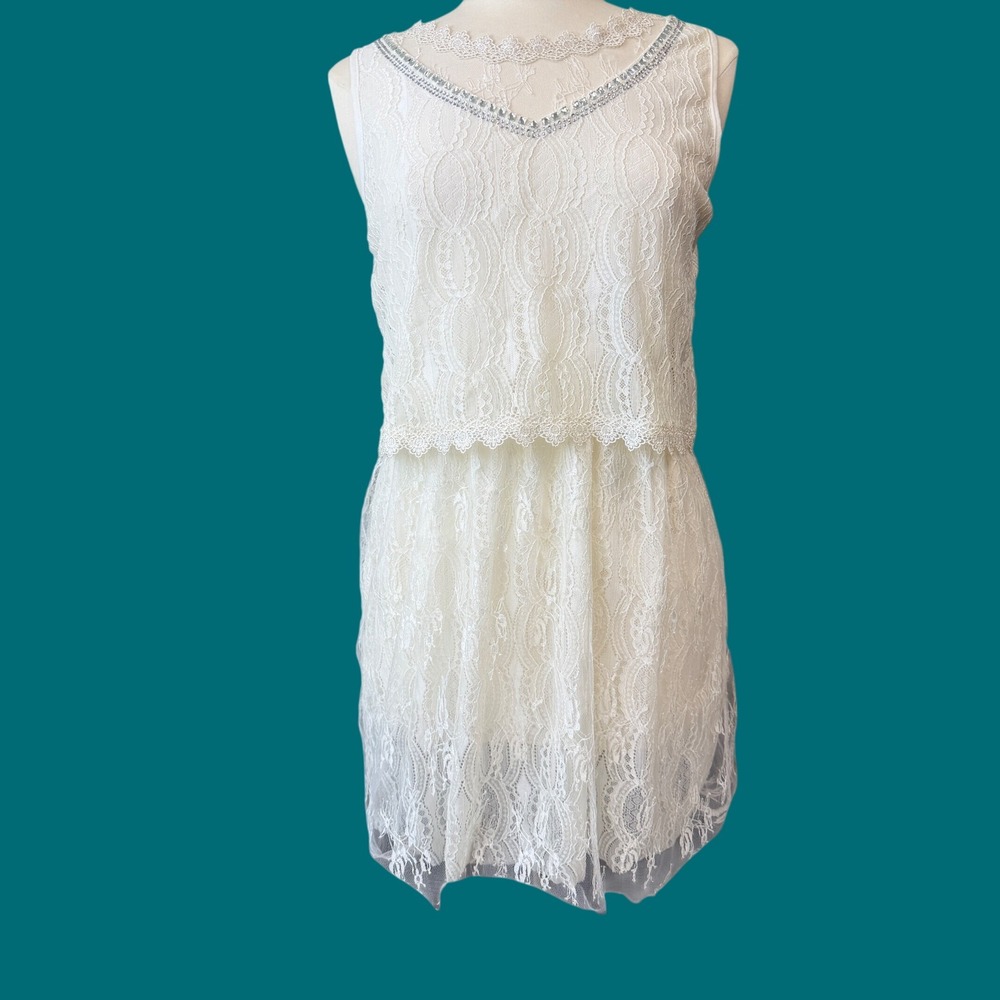 Simply Couture Womens Ivory Lace Popover Mini Dress Rhinestone V-Neck XL Ivory